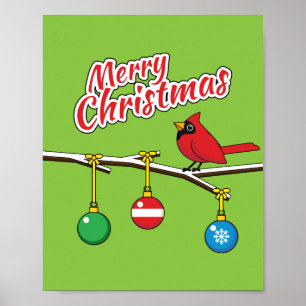 赤い(鳥)ショウジョウコウカンチョウオンクリスマスベアブランチ – メリークリスマス ポスター