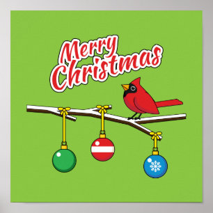 赤い(鳥)ショウジョウコウカンチョウオンクリスマスベアブランチ – メリークリスマス ポスター