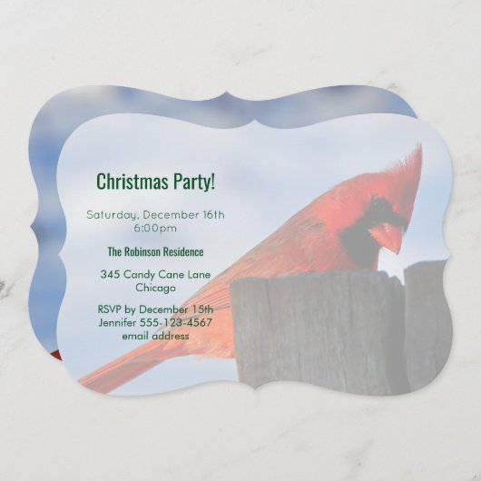 赤い（鳥）ショウジョウコウカンチョウオン木製の切り株のクリスマスパーティー 招待状 (正面/裏面)