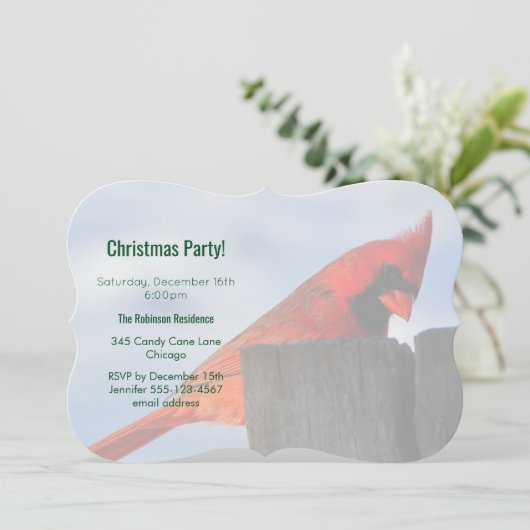 赤い（鳥）ショウジョウコウカンチョウオン木製の切り株のクリスマスパーティー 招待状 (スタンド正面)