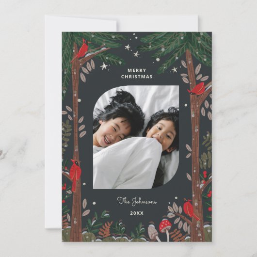 赤い（鳥）ショウジョウコウカンチョウツリーの休日クリスマスフォト シーズンカード (正面)