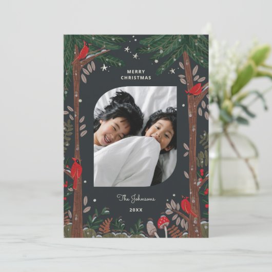 赤い（鳥）ショウジョウコウカンチョウツリーの休日クリスマスフォト シーズンカード (スタンド正面)