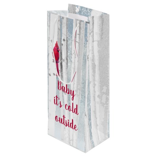 赤い(鳥)ショウジョウコウカンチョウバードイン雪の樺の木ツリー引用文 ワインギフトバッグ (裏面アングル)