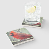 赤い（鳥）ショウジョウコウカンチョウ大理石コースターの暗いエッジ ストーンコースター (横)