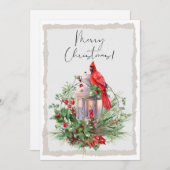 赤い（鳥）ショウジョウコウカンチョウ鳥の水色の冬のクリスマス シーズンカード (正面/裏面)