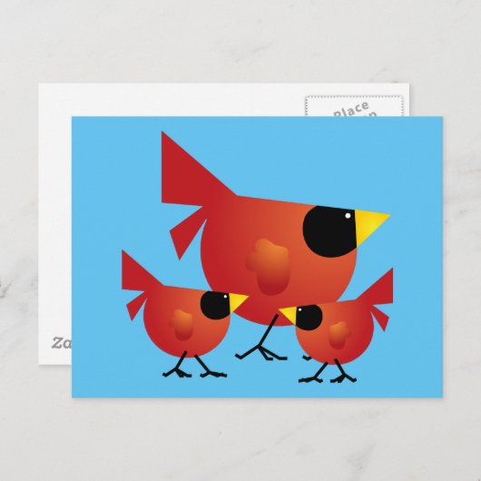 赤い（鳥）ショウジョウコウカンチョウ鳥の漫画グラフィックスかわいいハッピーファム ポストカード (正面/裏面)