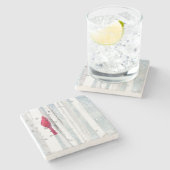 赤い(鳥)ショウジョウコウカンチョウ鳥の美しい雪の樺の木ツリー ストーンコースター (横)