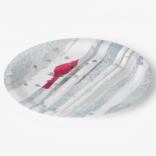 赤い(鳥)ショウジョウコウカンチョウ鳥の美しい雪の樺の木ツリー ペーパープレート (アングル)
