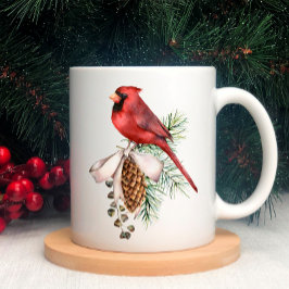 赤い（鳥）ショウジョウコウカンチョウ、松のコーン、ブランチ、リボンクリスマス コーヒーマグカップ