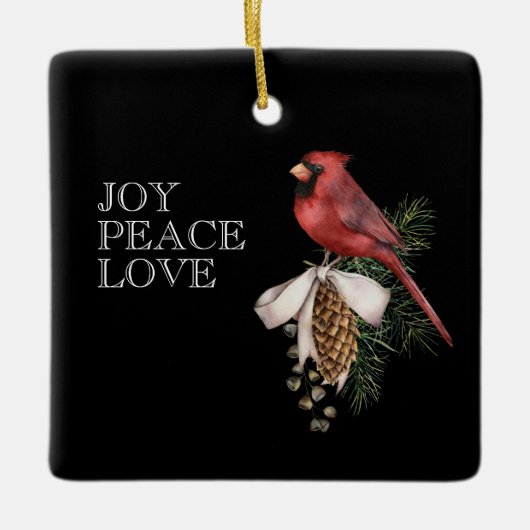 赤い(鳥)ショウジョウコウカンチョウ、JOY PEACE LOVE編集可能クリスマス セラミックオーナメント (正面)