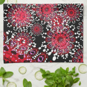 赤い+黒く抽象的なろうけつ染めの芸術のふきん キッチンタオル (折り畳み)