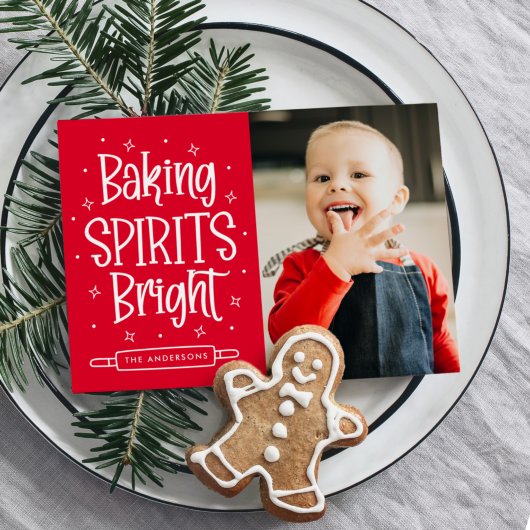 赤い「Baking Spirits Bright」フォト シーズンカード
