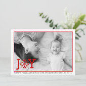 赤い"JOY"、スノーフレークのクリスマスの休日のフラットフォト シーズンカード (スタンド正面)