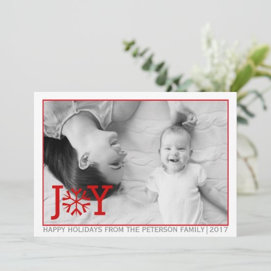 赤い"JOY"、スノーフレークのクリスマスの休日のフラットフォト シーズンカード (スタンド正面)
