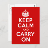赤い「Keep Calm and Carry On」 ポストカード (正面/裏面)