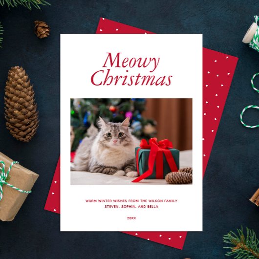 赤い「Meowy Christmas」の写真パーソナライズされた シーズンカード
