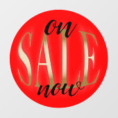 赤い「On SALE Now」金色の文字の丸型ステッカー ウィンドウサイン (シート)