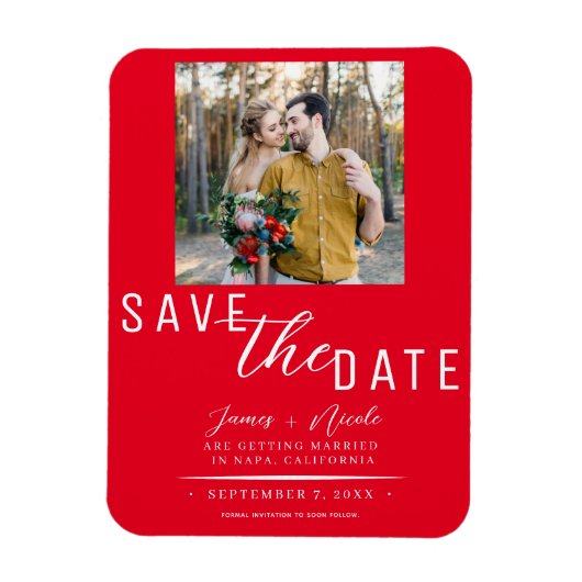 赤い「Save the Date」写真ウェディング マグネット (縦)