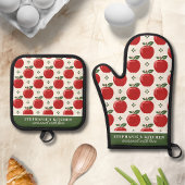赤いAppleパターパーソナライズされたン名 鍋つかみ&鍋敷きセット