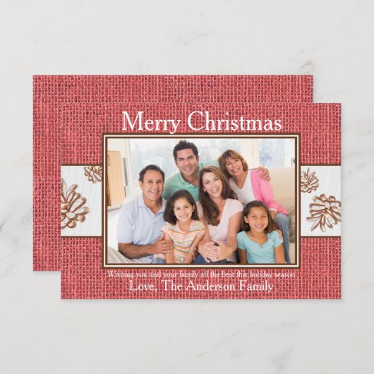 赤いBurlap Pinecones写真 – 3x5クリスマスカード 招待状 (正面/裏面)