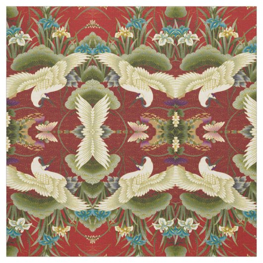 赤いGingko葉及びクレーン ファブリック (見本)