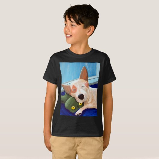 赤いHeelerの抱きしめるカエルの絵画 Tシャツ (正面フル)