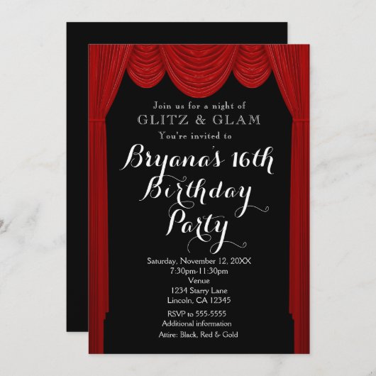 赤いHOLLYWOODのカーテン エレガントなパーティーの招待状 招待状 (正面/裏面)