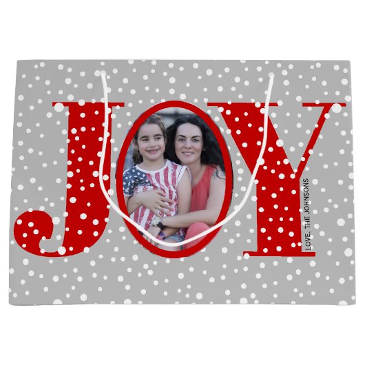 赤いJOYと雪の結晶2枚の写真クリスマス ラージペーパーバッグ (正面)