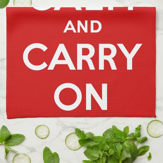 赤いKeep Calm and Carry On キッチンタオル (折り畳み)