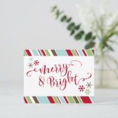 赤いMerry & Bright、雪の結晶と斜めストライプ シーズンポストカード (スタンド正面)