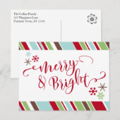 赤いMerry & Bright、雪の結晶と斜めストライプ シーズンポストカード (正面/裏面)