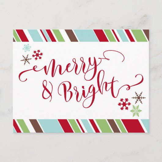 赤いMerry & Bright、雪の結晶と斜めストライプ シーズンポストカード (正面)