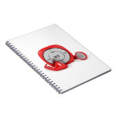 赤いMP3プレーヤーおよびワイヤーで縛られたイヤホーン ノートブック (右側)