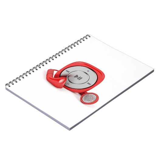 赤いMP3プレーヤーおよびワイヤーで縛られたイヤホーン ノートブック (左側)