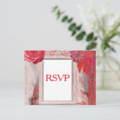 赤いRSVPフラワーと写真枠 インビテーションポストカード (スタンド正面)