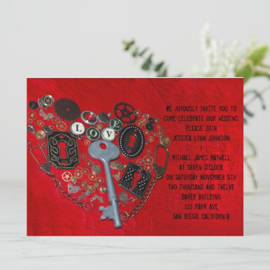赤いSteampunkのハートの結婚 招待状 (スタンド正面)
