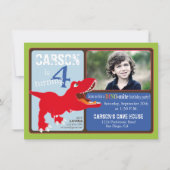 赤いTレックスの恐竜の第4誕生日の招待状カード 招待状 (正面)