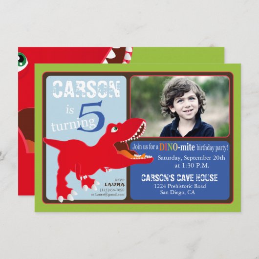 赤いTレックスの恐竜の第5誕生日の招待状カード 招待状 (正面/裏面)