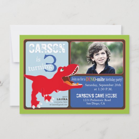 赤いTレックス恐竜第3誕生日招待状カード 招待状 (正面)