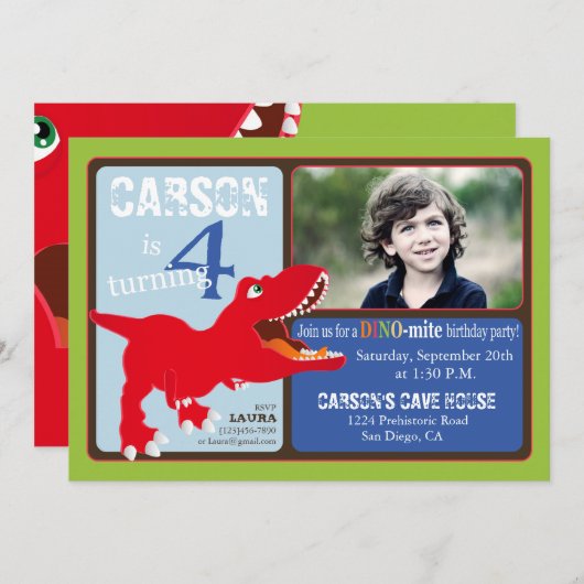 赤いTレックス恐竜4番目の誕生日招待状カード 招待状 (正面/裏面)
