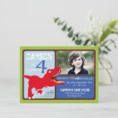 赤いT-Rex恐竜の4歳誕生日招待状カード 招待状 (スタンド正面)