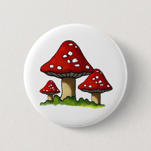 赤いToadtstoolsのきのこ: 手で描いた芸術 缶バッジ (正面)