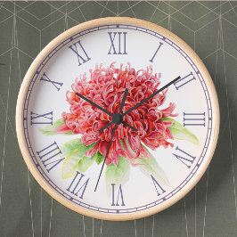 赤いwaratahの水彩画の花の柱時計 ラウンド壁時計