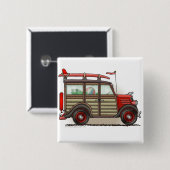 赤いWoodyワゴン車ピン 缶バッジ (正面&裏面)