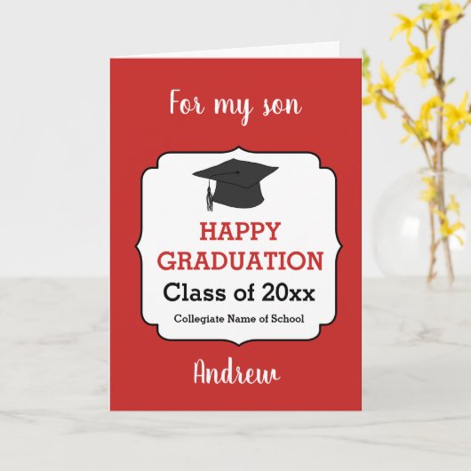 赤おめでとう息子の卒業 カード (黄色い花)