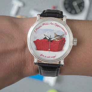 赤おもしろいいバスケットに眠る子猫の写真カスタム 腕時計