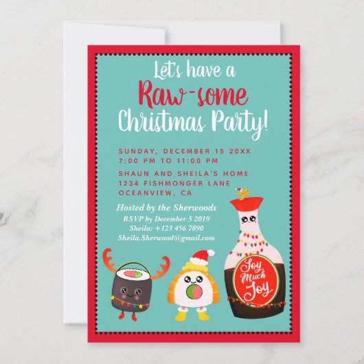 赤おもしろいかわいい寿司フェスティバルクリスマスパーティー 招待状 (正面)