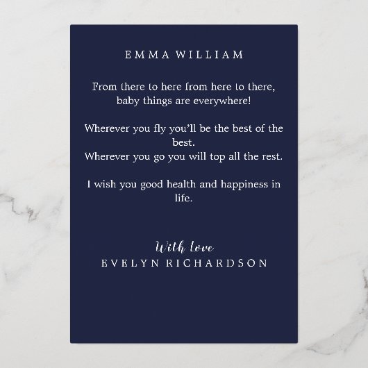 赤おもしろいちゃんシャワーおめでとうネイビーブルー金ゴールド 箔招待状 (裏面)