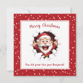 赤おもしろいのクリスマスを突破するサンタクロース カード (正面)