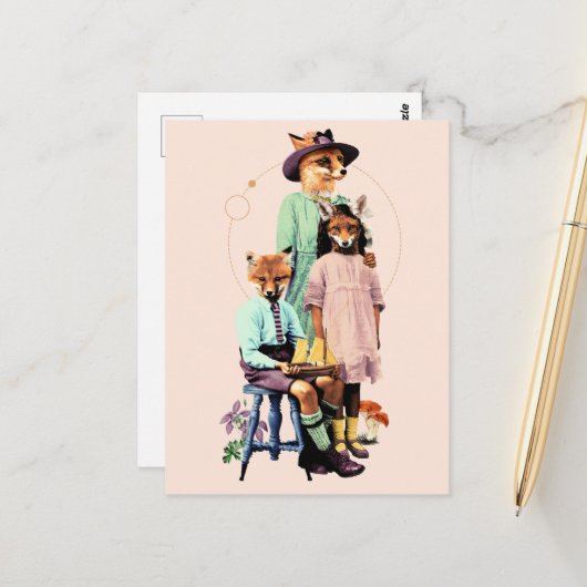 赤おもしろいエレガントキツネ ポストカード (正面/裏面インサイチュ)